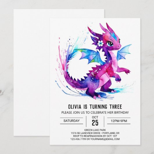 Whimsical magische draak digitale meisje verjaarda kaart (Voorkant / Achterkant)