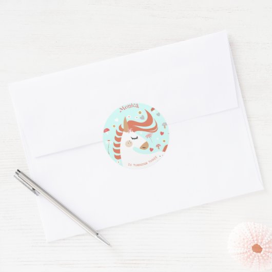 Whimsical magische eenhoorn kinderen verjaardag ronde sticker (Envelop)