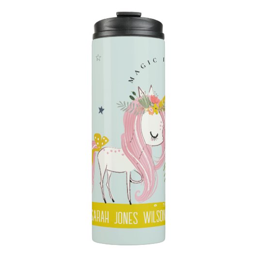 Whimsical Magische Eenhoorn Roze Aqua Prinses Kind Thermosbeker (Voorkant)