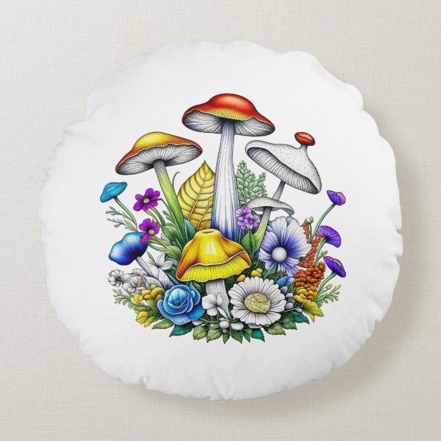 Whimsical magische paddenstoelen en bloemen rond kussen (Voorkant)