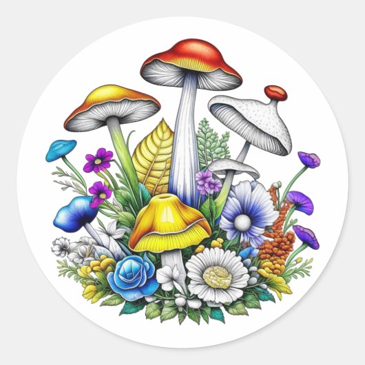 Whimsical magische paddenstoelen en bloemen ronde sticker (Voorkant)