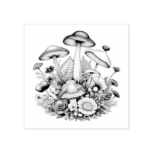 Whimsical magische paddenstoelen en bloemen rubberstempel (Afrduk)