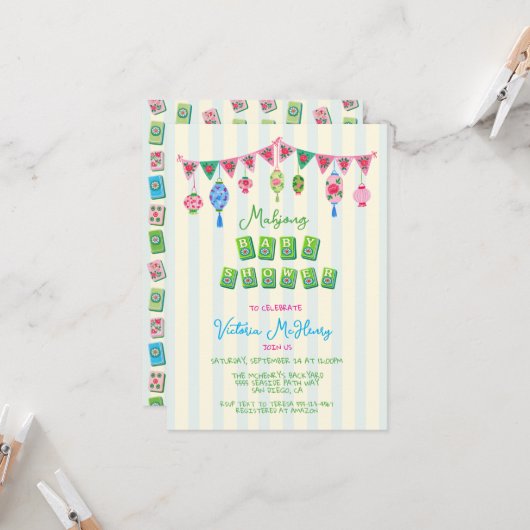 Whimsical Mahjong Baby Shower Kaart (Voorkant / Achterkant in situ)