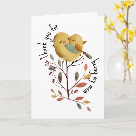 Whimsical Mama Bird & Chick met Foto Moederdag Kaart (Gele Bloem)