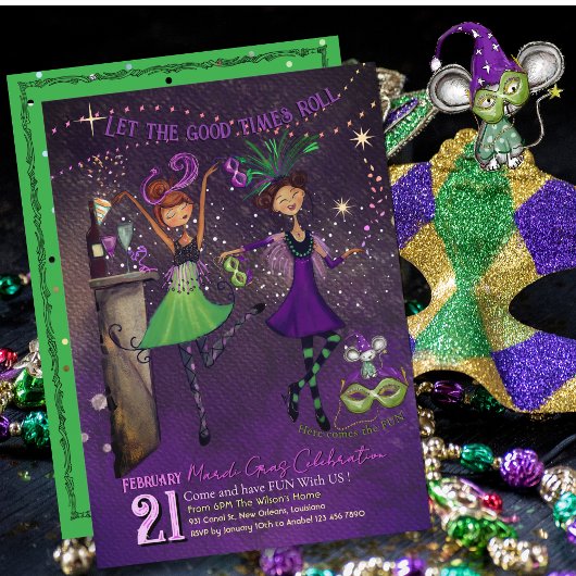 Whimsical Mardi Gras Dancing Girls Green & Purple  Kaart