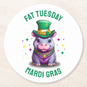 Whimsical Mardi Gras Vet Dinsdag Hippo Sticker Ronde Kartonnen Onderzetter (Voorkant)