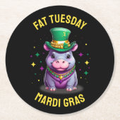 Whimsical Mardi Gras Vet Dinsdag Hippo Sticker Ronde Kartonnen Onderzetter (Voorkant)