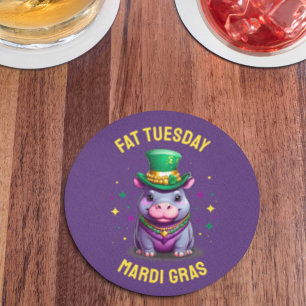 Whimsical Mardi Gras Vet Dinsdag Hippo Sticker Ronde Kartonnen Onderzetter
