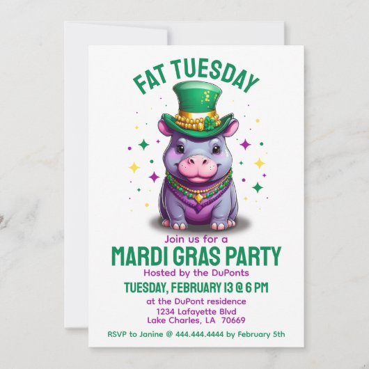 Whimsical Mardi Gras Vette dinsdag Hippo met krale Kaart (Voorkant)