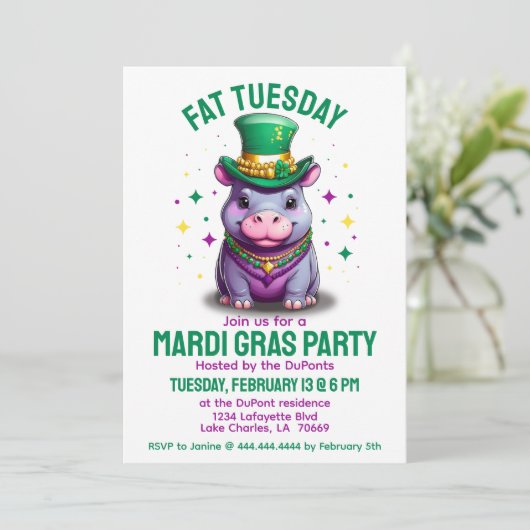 Whimsical Mardi Gras Vette dinsdag Hippo met krale Kaart (Staand voorkant)