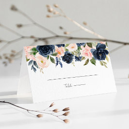 Whimsical Marine Blauw & Blush Roze Bloemen Bruilo Plaatskaartje