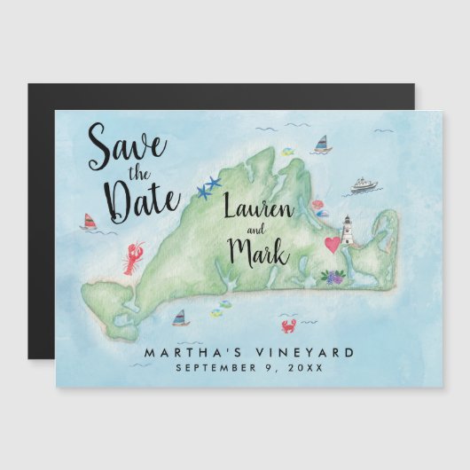 Whimsical Martha's Vineyard Map Save the Date Magnetische Uitnodiging (Voorkant / Achterkant)