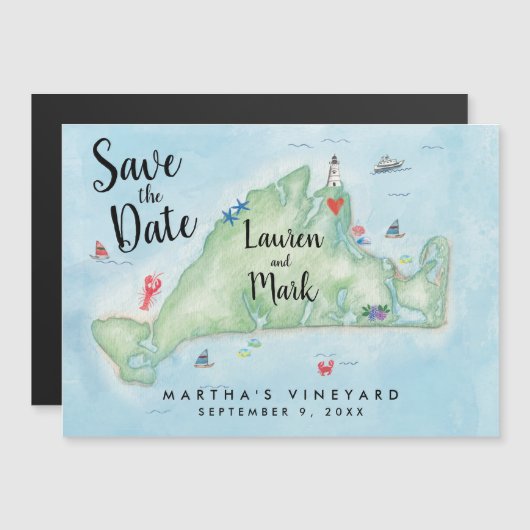 Whimsical Martha's Vineyard Map Save the Date Magnetische Uitnodiging (Voorkant / Achterkant)