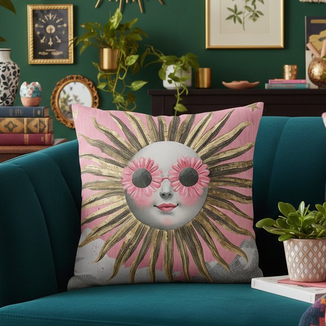 Whimsical Maximalistische Hemelse Zon Roze Bloemen Kussen (Creator heeft geüpload)