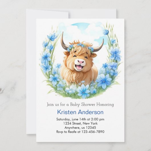 Whimsical Meadow Highland Koe Boy Baby shower Kaart (Voorkant)