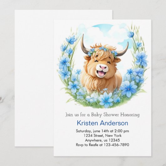 Whimsical Meadow Highland Koe Boy Baby shower Kaart (Voorkant / Achterkant)