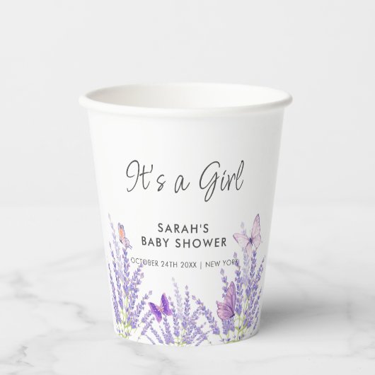 Whimsical Meadow Lavendel Vlinder Baby shower Papieren Bekers (Voorkant)