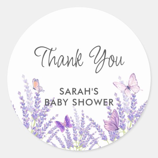 Whimsical Meadow Lavendel Vlinder Baby shower Ronde Sticker (Voorkant)