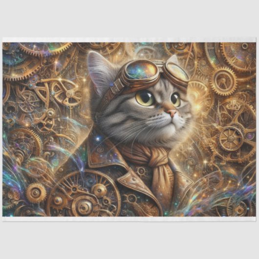 Whimsical Mechanical Steampunk Cat Decoupage Tissuepapier (Voorkant)