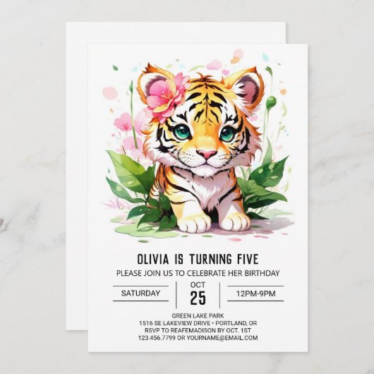 Whimsical meisje aangepaste tijger verjaardag kaart (Voorkant / Achterkant)