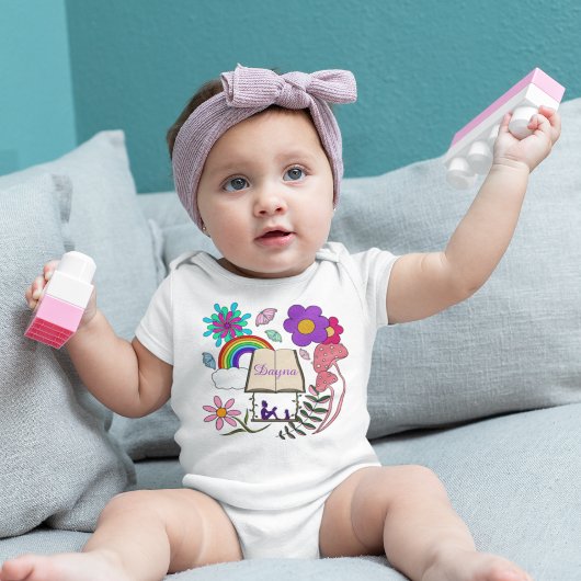 Whimsical meisje boek hond regenboog paddenstoelen romper