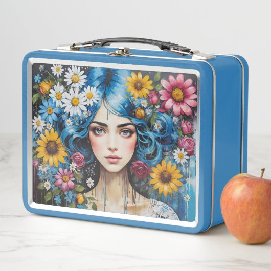 Whimsical meisje met blauw haar en wilde bloemen (In situ)