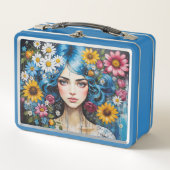 Whimsical meisje met blauw haar en wilde bloemen (Voorkant)