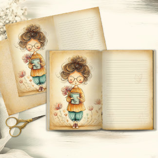 Whimsical Meisje met Bloemen Junk Journal Pagina