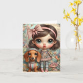 Whimsical Meisje met Dachshund Kaart (Gele Bloem)