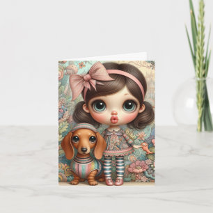 Whimsical Meisje met Dachshund Kaart