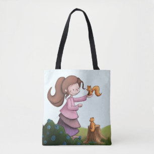 Whimsical meisje met eekhoorn bos tote bag