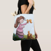 Whimsical meisje met eekhoorn bos tote bag (Dichtbij)