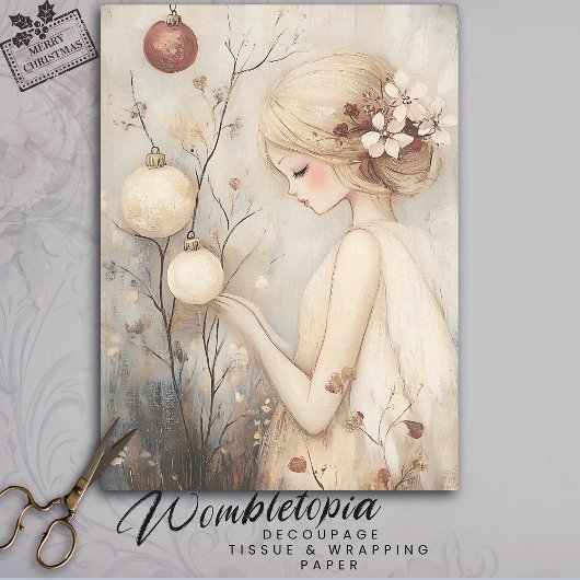 Whimsical Meisje met Kerst Ornamenten Decoupage Tissuepapier