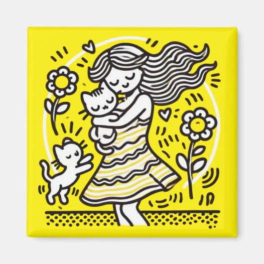 Whimsical Meisje met Kitten Magneet (Voorkant)