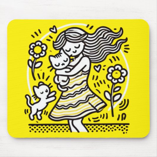 Whimsical Meisje met Kitten Muismat (Voorkant)
