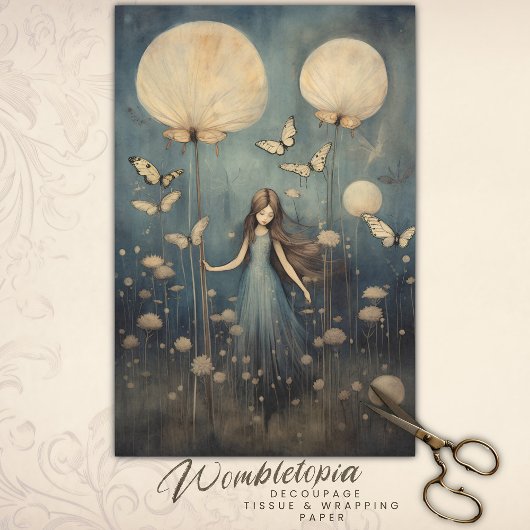 Whimsical Meisje Paardenbloem en Vlinder Decoupage Tissuepapier