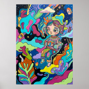 Whimsical Meisje Psychedelische Pop Art Kleurrijke Poster