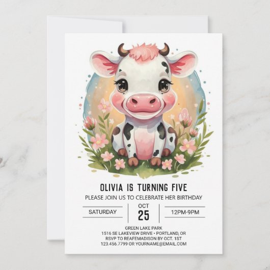 Whimsical Meisje Roze Koe Verjaardag Kaart (Voorkant)