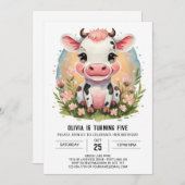Whimsical Meisje Roze Koe Verjaardag Kaart (Voorkant / Achterkant)