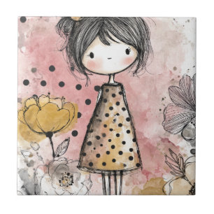 Whimsical Meisje Waterverf met Bloemaccenten (10) Tegeltje