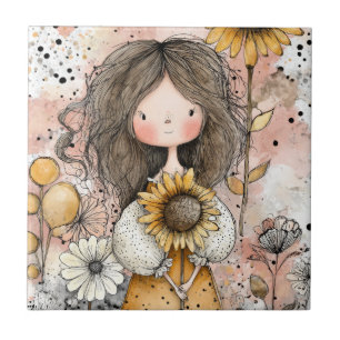 Whimsical Meisje Waterverf met Bloemaccenten (11) Tegeltje