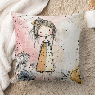 Whimsical Meisje Waterverf met Bloemaccenten (1) Kussen
