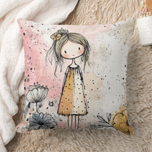Whimsical Meisje Waterverf met Bloemaccenten (1) Kussen (Deken)