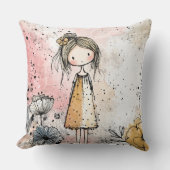 Whimsical Meisje Waterverf met Bloemaccenten (1) Kussen (Voorkant)