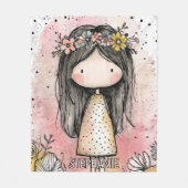 Whimsical Meisje Waterverf met Bloemaccenten (9) Fleece Deken (Voorkant)