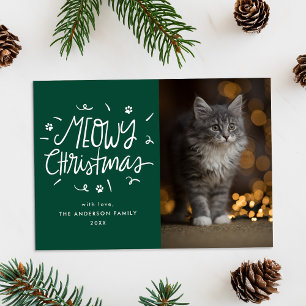 Whimsical Meowy Kerstmis Groene Kat Foto Feestdagenkaart