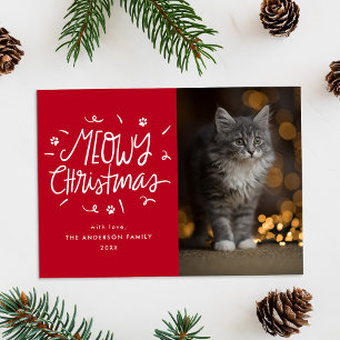 Whimsical Meowy Kerstmis Rode Kat Foto Feestdagenkaart