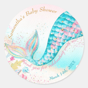 Whimsical Mermaid Girl Baby shower Dank u Ronde Sticker