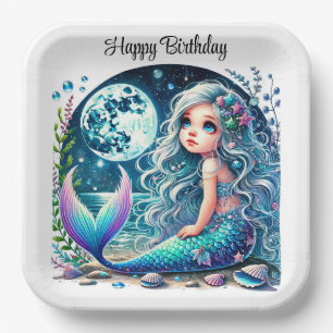 Whimsical Mermaid Girl Verjaardagsfeestje Papieren Bordje