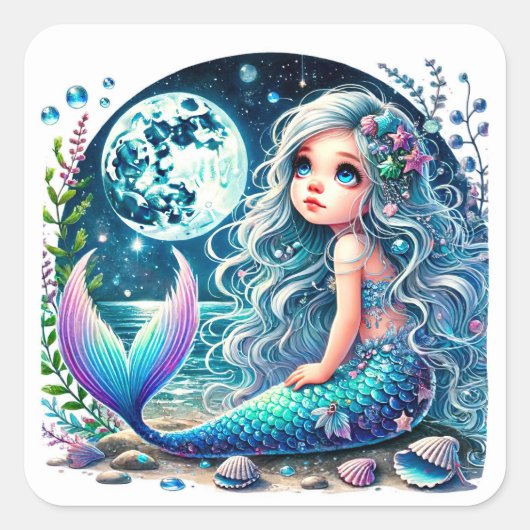 Whimsical Mermaid Girl Verjaardagsfeestje Vierkante Sticker (Voorkant)